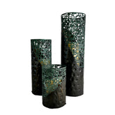 3 Faux Candles in Green & Black Pounded Metal Candleholders